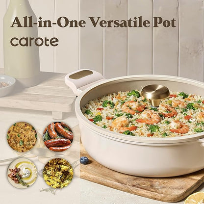 CAROTE 4.5Quart Stock Pot with Lid, Non Toxic Ceramic Soup Pot, Nonstick Cooking Pot, PFAS Free, Dishwasher Safe, Even Heating, Compatible with All Stoves, Light Taupe