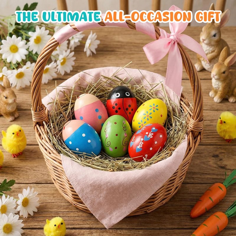 SallyFashion 6PCS Egg Shakers Musical Instruments for Babies, Wooden Maracas for Kids Hand Percussion Musical Eggs Easter Basket Stuffers Party Favors