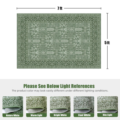 Deerly 5x7 Thin Area Rugs Living Room, Low Pile Soft Rugs with Non-Slip Backing Machine Washable Vinatge Boho Carpet for Bedroom Playroom Nurseryroom, Kid & Pet Friendly Print Floor Green Rug 5x7ft