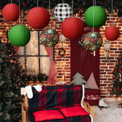 Bencailor 12 Pcs Christmas Hanging Paper Lanterns Set Decorative Party Round Hanging Lamps for Xmas Home Decoration Supplies Props Holiday Decor(12, 10, 8 Inch,Plaid)