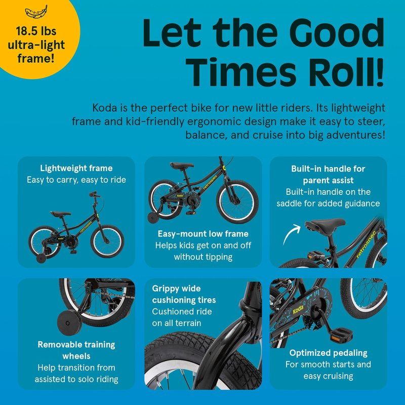 Retrospec Koda Plus Kids Bike for Boys & Girls Ages 4-6 Years - 16" Children's Bicycle, Adjustable Seat & Handlebars, Removable Training Wheels, Front Hand Brakes, Rear Coaster Brake & Safety Bell