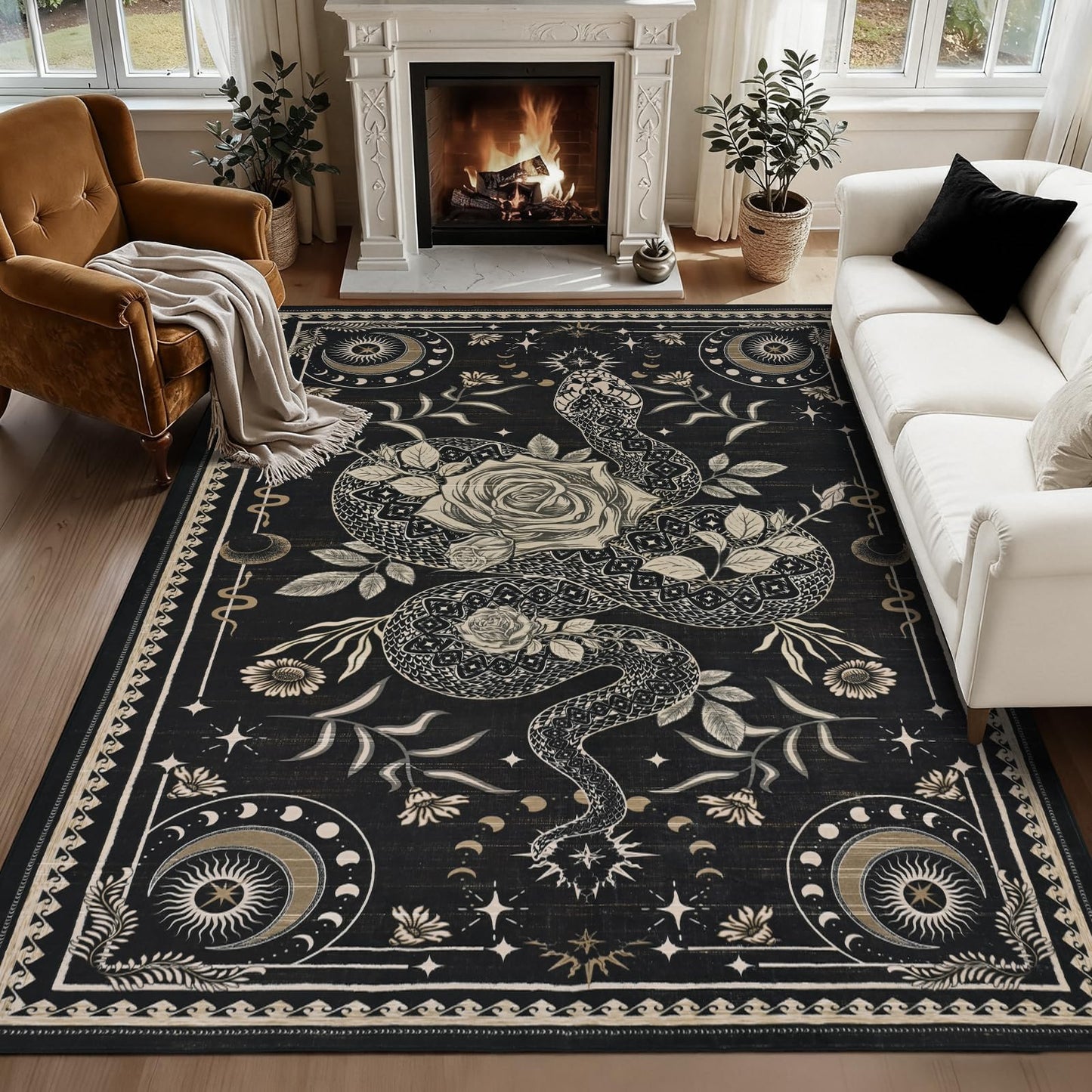 Yinhua Snake Living Room Rug 5x7 Rug Washable Gothic Rugs Non Slip, Soft Area Rugs Low Pile, Faux Wool Goth Carpet for Living Room, Bedroom, Dining Room, Black