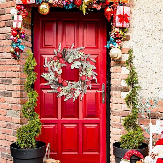 Super Holiday Christmas Wreath, 20Inch Artificial Wreaths for Front Door Christmas Decorations with Wreath Hanger, for Indoor Outdoor Home Hoilday Party Wall Decor - Red
