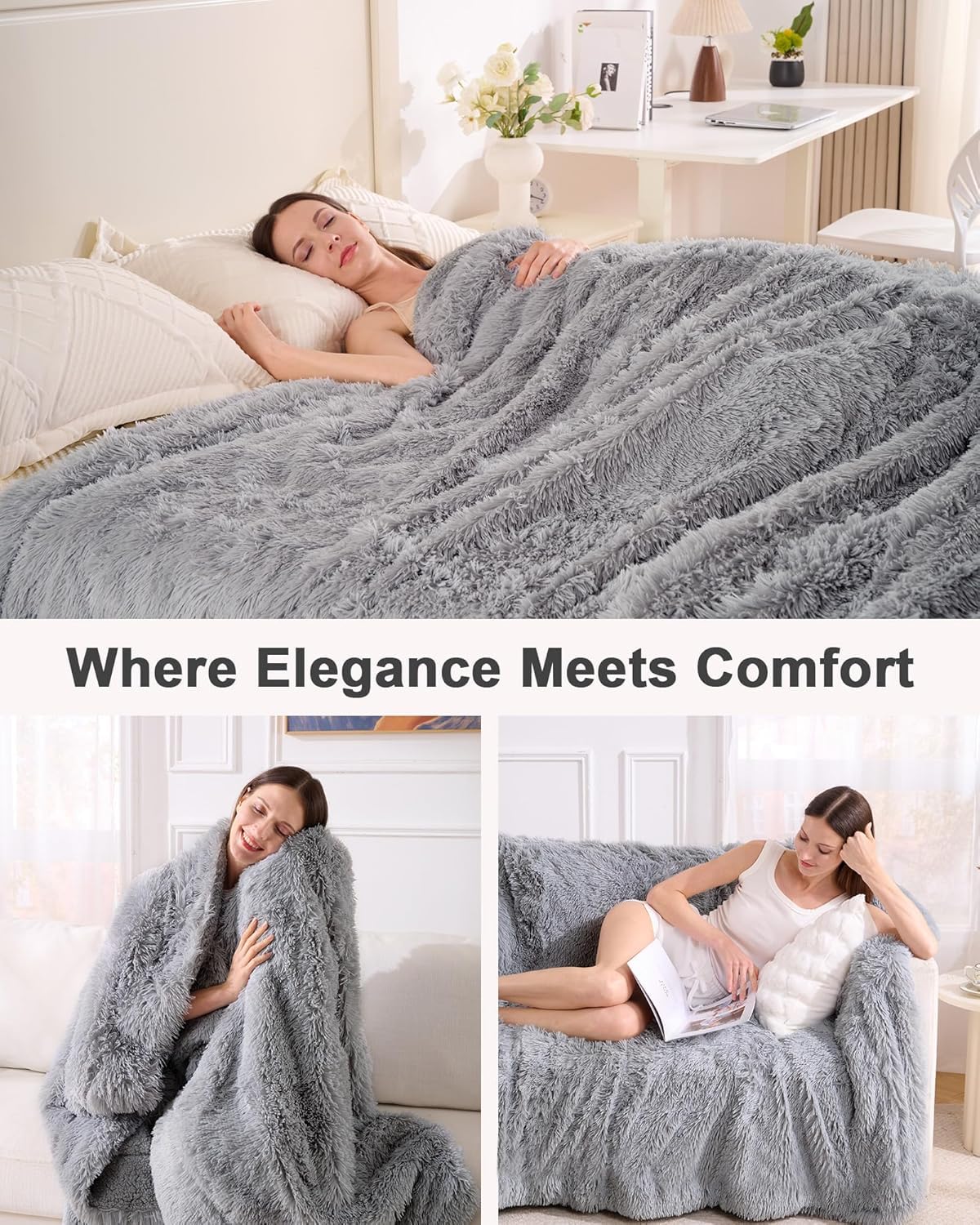 UINIU Super Soft Fluffy Faux Fur Throw Blanket for Couch, Fuzzy Sherpa Fleece Cozy Warm Gifts for Women, Room Decor Christmas Plush Thick Throw for Men, Minky Teen Gifts Winter Bedding, 50" x 60"