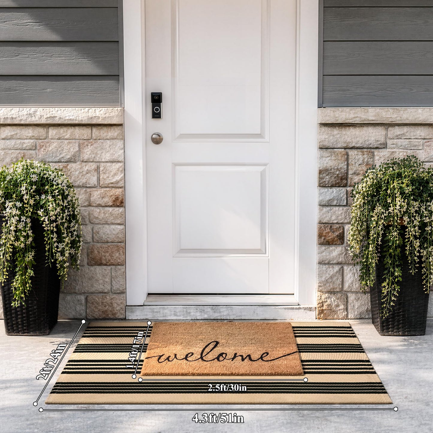 Sungea Striped Outdoor Front Door Mat 24"x51", Cotton Hand Woven Washable Black and Khaki Rug Runner, Reversible Foldable Indoor Layered Front Door Rugs for Entryway/Farmhouse/Home Entrance