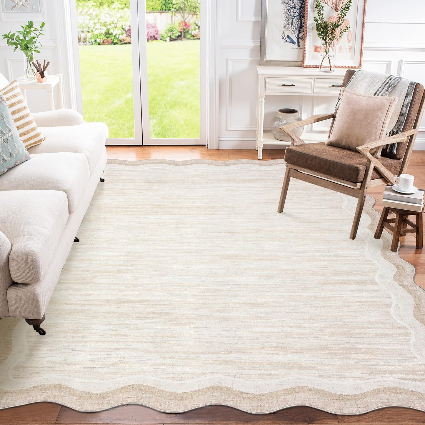 GarveeHome Washable Rugs 8x10 Scallop Solid Living Room Rug Scalloped Rug with Non-Slip Backing, Stain-Resistant Low Pile Easy Cleaning Rugs, Soft Modern Carpet for Bedroom Playroom Nursery,Beige