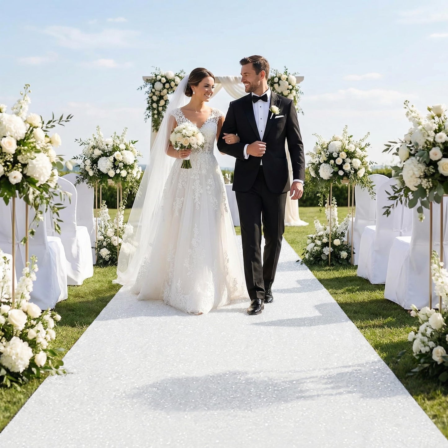 White Aisle Runner for Wedding Ceremony: 2FT×15FT Sequin Fabric - Sparkly Carpet Runner for Thanksgiving Day Bridal Shower Outdoor Grass Floor Indoor Rug Runner Hallway Decor