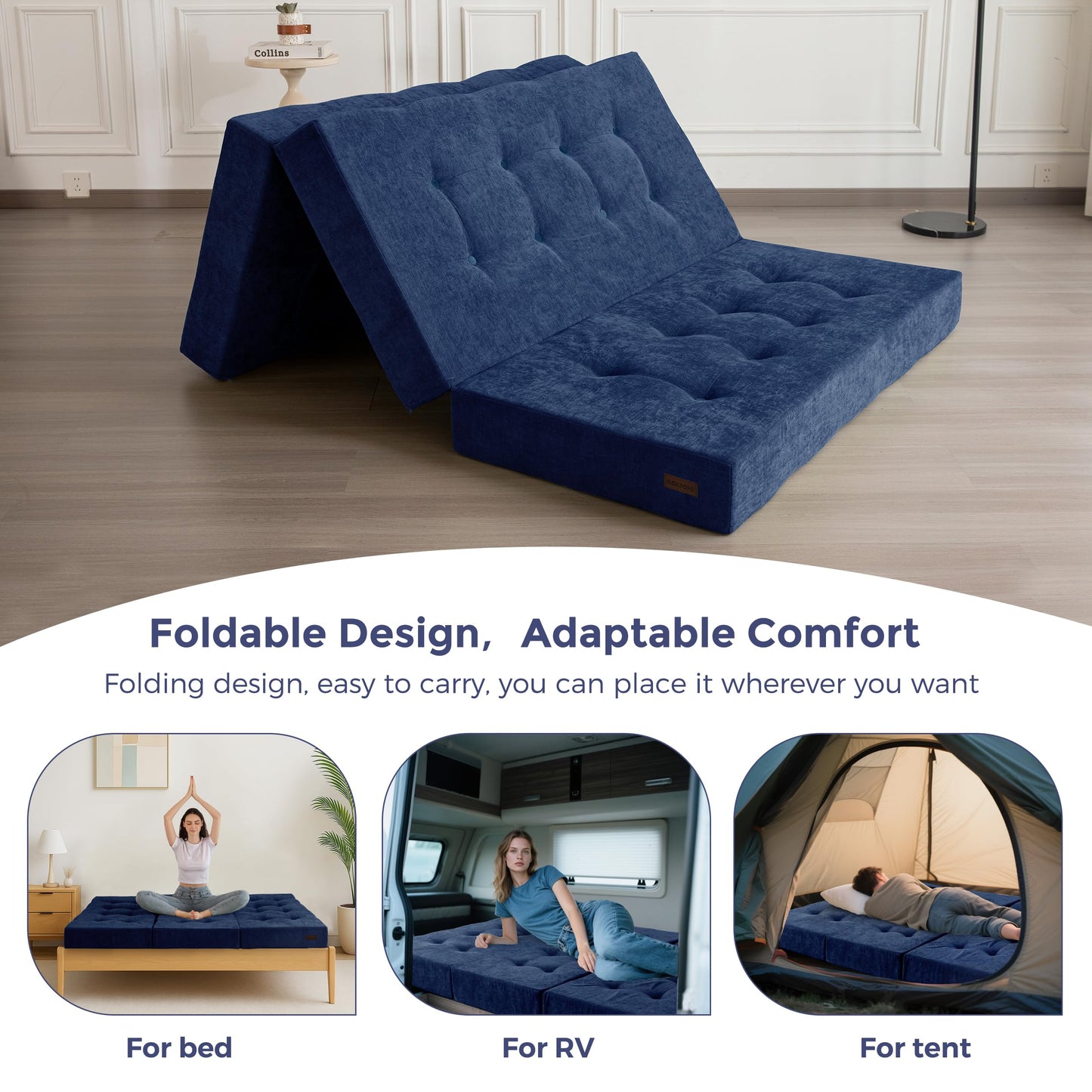 MAXYOYO 6" Folding Sofa Bed for Floor, Tufted Tri-Fold Floor Mattress with Chenille Fabric, Queen Size Portable Sofa Couch Guest Mat for Adults, Foldable Topper for Camping, Navy, 59"x78.7"