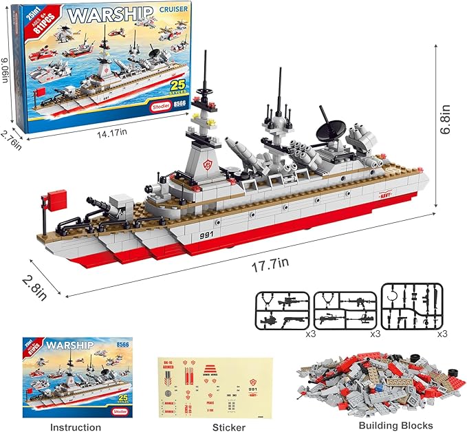 Sitodier Military Battleship Building Block Set for Kids811pcs 25 in 1 Cruiser Battle Ship Building Kit Toy for Boys Kids Ages 6-12 and 8-14 Beautiful Xmas Birthday Gift