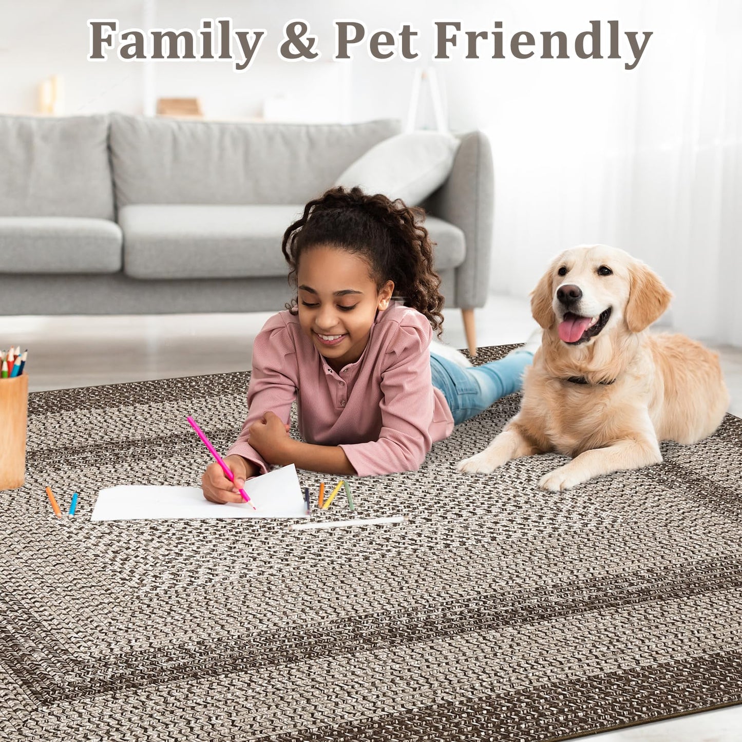 Modern Bordered Round Area Rug 4ft Washable Bedroom Circle Rugs Non Slip Stain Resistant Dining Room Round Throw Carpet Contemporary Circle Mats for Living Room Kitchen Nursery, Mocha