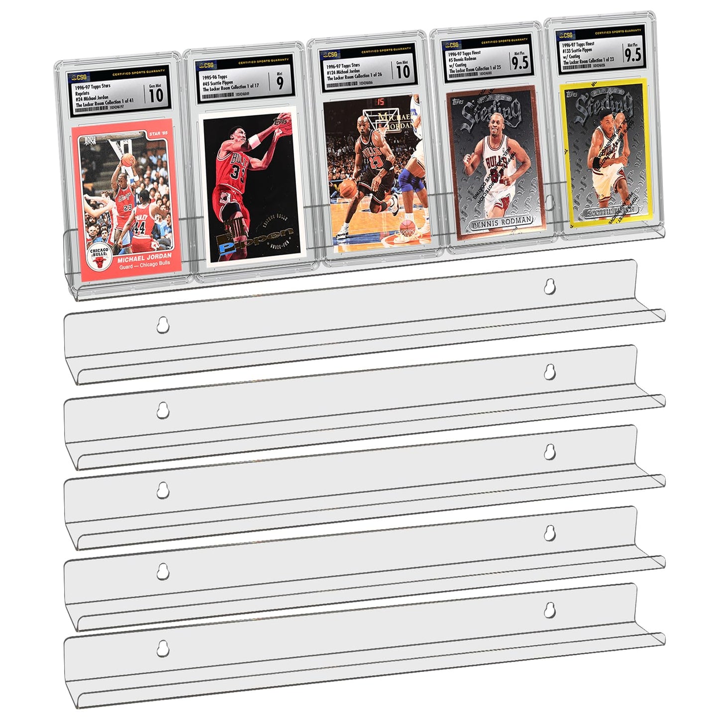 6 Pack Sport Card Display Shelf for Wall - Hold Up to 30 Trading Cards, Acrylic Sport Card Display Rack for PSA SGC BGS Graded Trading Slabs