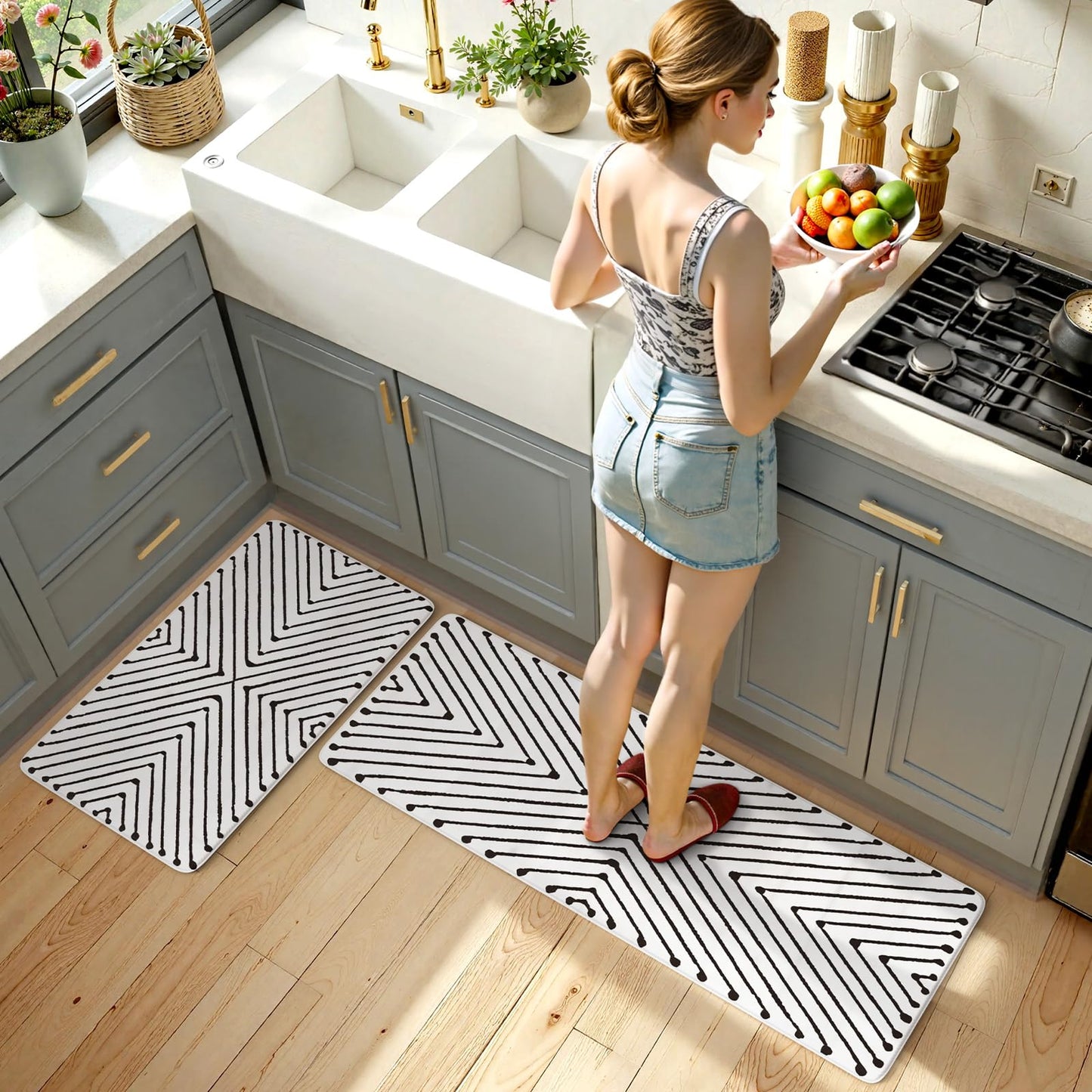 KIMODE Kitchen Mats Cushioned Anti Fatigue, Geometric Kitchen Rugs Sets of 2, Non Slip Waterproof Kitchen Floor Mats, Comfort Standing Mats for Laundry Office Sink Desk 17"x47"+17"x29" Black Diamond