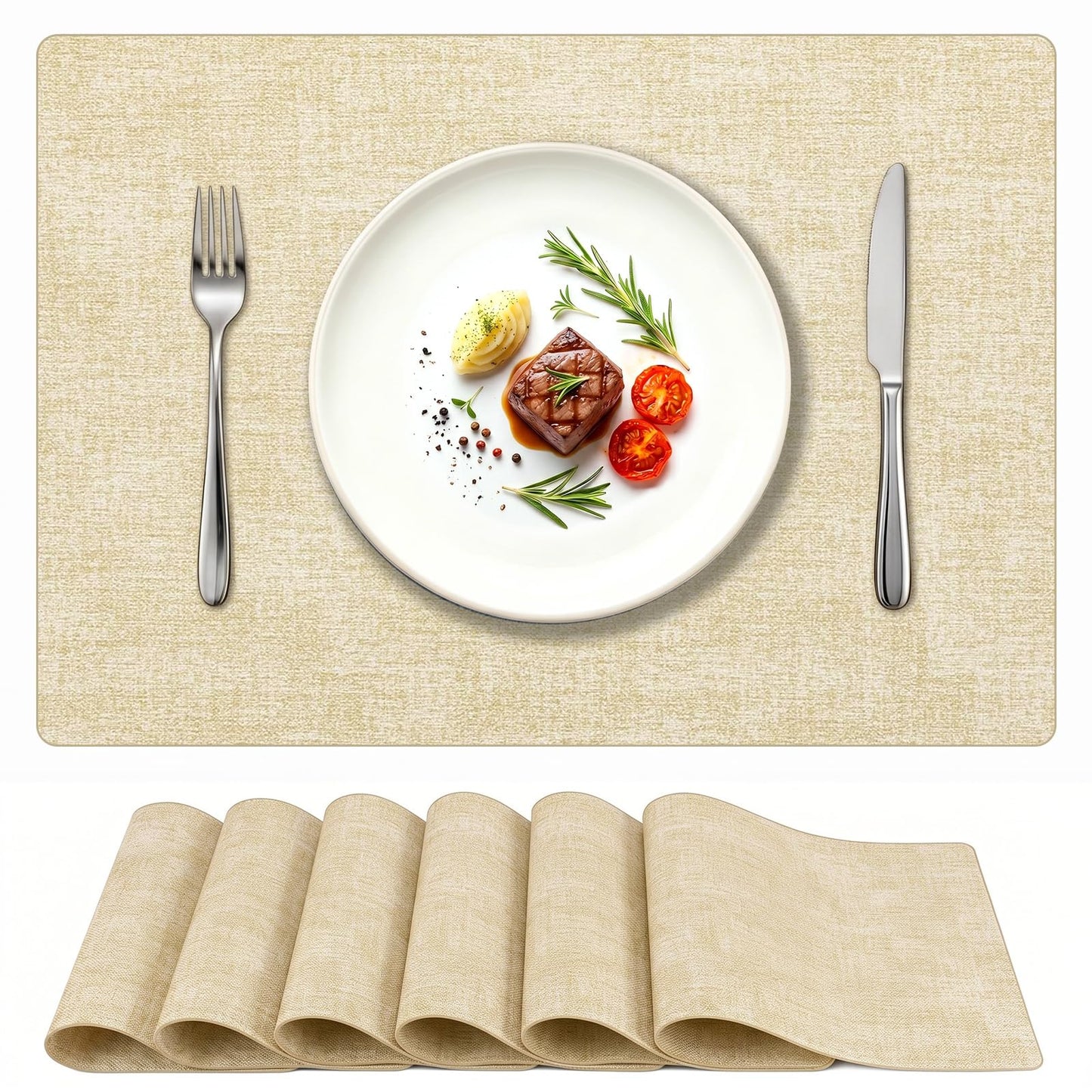 Newise Leather Placemats Set of 6-18 x12 inch, Washable Heat Resistant Place Mats for Patry Kitchen Dinner, Beige