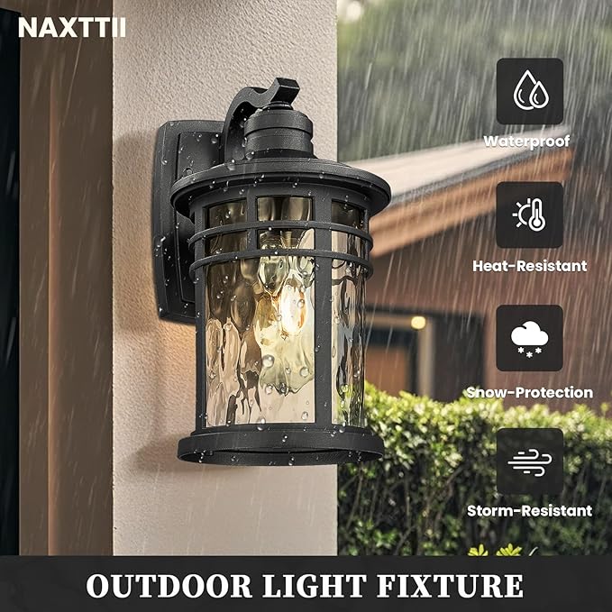 Outdoor Wall Light Fixtures 12 Inch Black Exterior Wall Mount Lantern with Water Ripple Glass Porch Light Sconces for House Garage E26 Socket