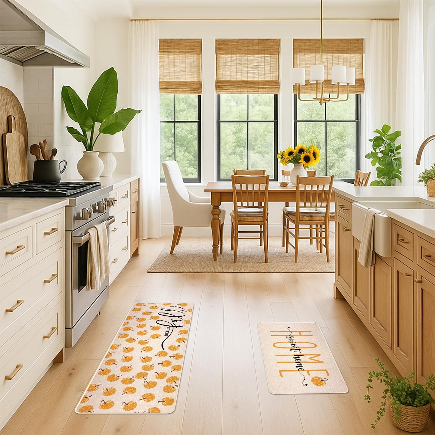 Siilues Fall Kitchen Mats Set of 2, Non-Slip Sweet Home Hello Fall Kitchen Rugs for Floor Seasonal Autumn Home Decor Low-Profile - 17x29 and 17x47 Inch