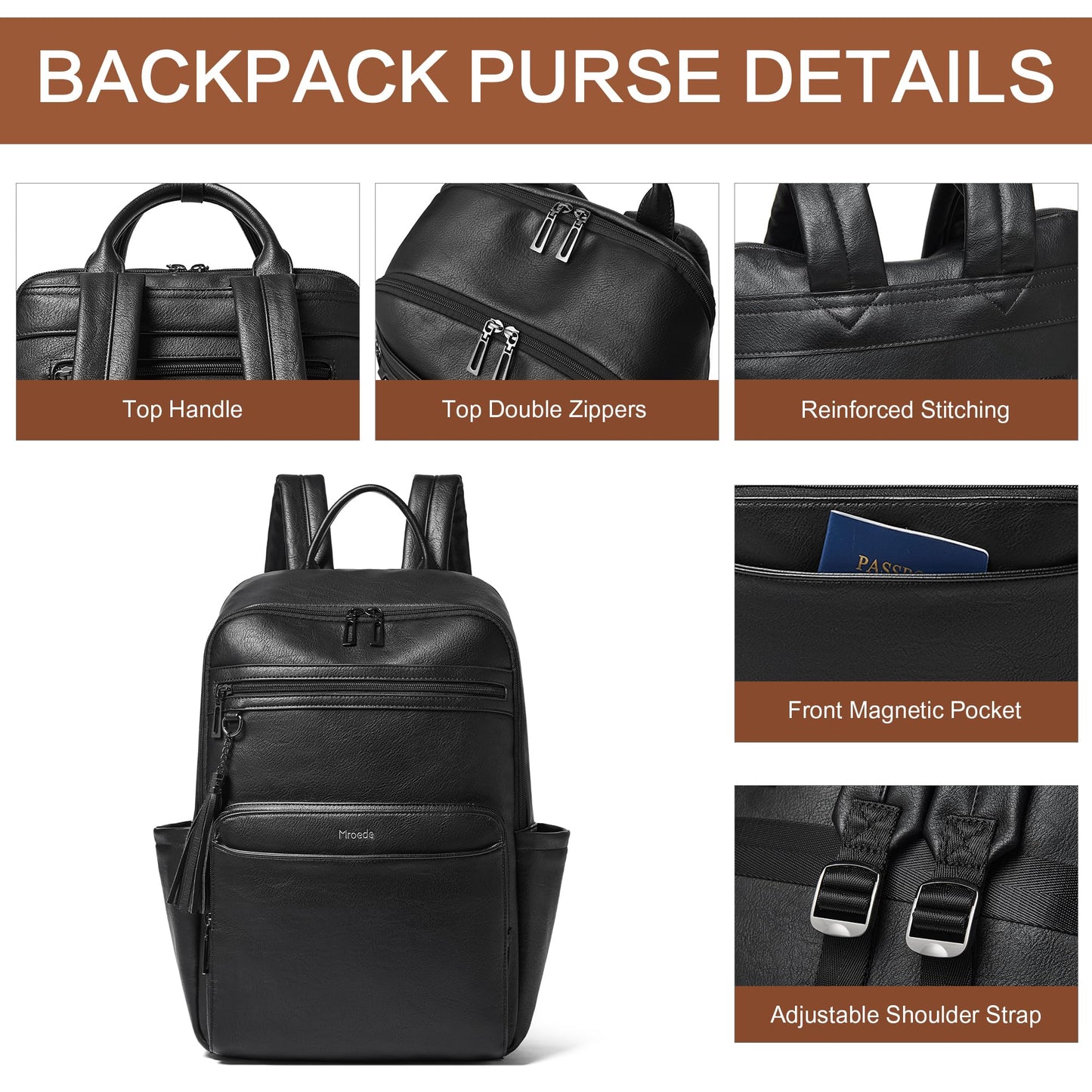 Mroede Laptop Backpack for Women,Leather Backpack with 15.6 inch Laptop Compartment,Large Capacity Computer Backpacks Purse,Carry-on Travel Backpacks,Casual Daypack for Work Business College,Black