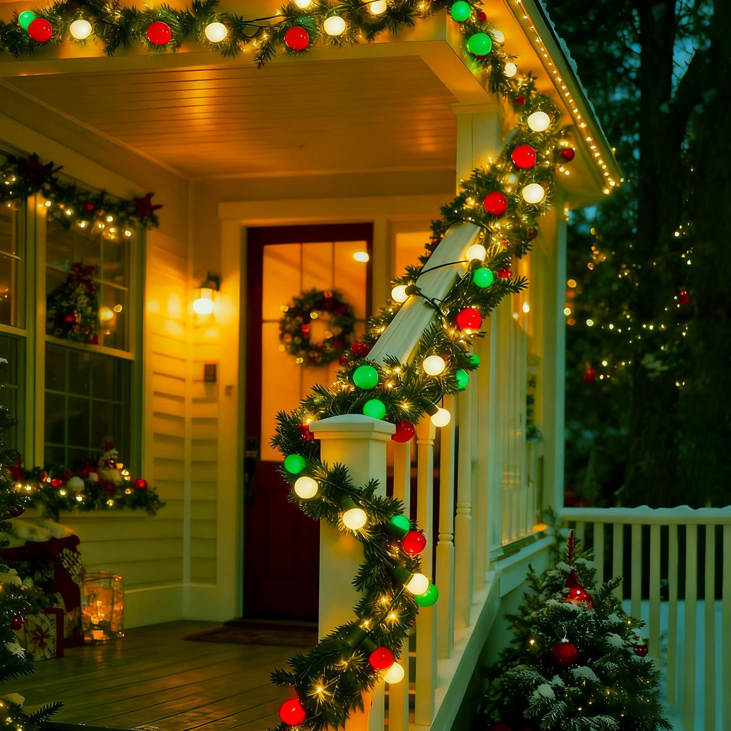 Round Christmas Lights Outdoor 13.5Ft G15 Red Green White Christmas Lights 50 LED Mini Globe String Light Indoor, Shatterproof Connectable & Plug in Xmas Light for Home Wreath Porch Patio Tree Decor