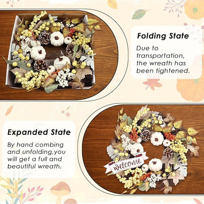 Fall Wreaths for Front Door Outside Decor, 22" Pumpkin Berry Maple Leaves Pine Cone Wreath Autumn Decorations with Bow and Hanging Sign for Thanksgiving Home Outdoor Indoor Porch Harvest