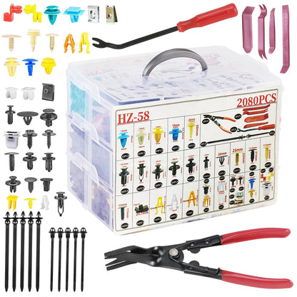 2080Pcs Car Retainer Clips & Fasteners Kit – 33 Universal Sizes Nylon Bumper, Fender Rivets, Door Panel Clips, and Plastic Rivets with 10 Cable Ties and Removal Tool for Toyota, Ford, Benz (2080pcs)