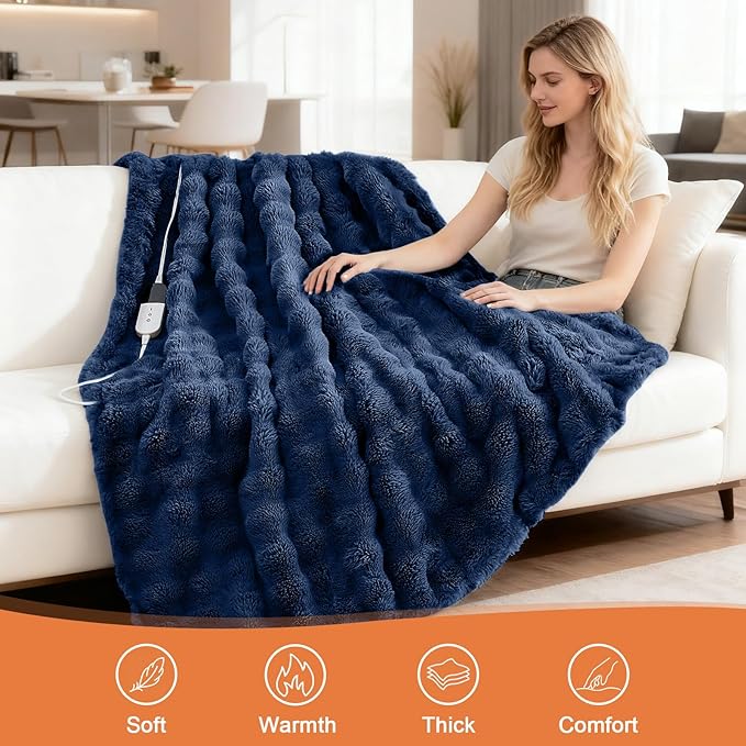 Heated Blanket Electric Throw Blanket 72''X 84''-Heating Blanket with 6 Heat Settings-10 Hours Auto Off,Cozy Faux Rabbit Fur Bubble Electric Blanket,Navy Blue