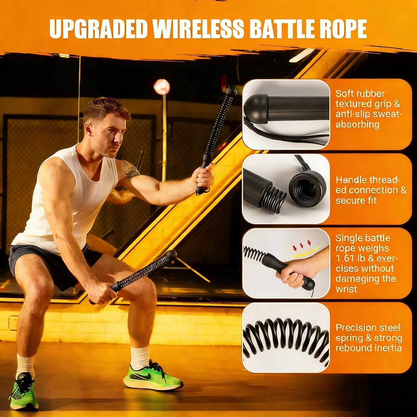 Upgrade Weighted Ropeless Battle Ropes, Workout Exercise Rope for Strength Building, Heavy Duty Quiet Portable Cordless Battle Ropes for Home & Gym, HIIT Aerobic Training for Men & Women Black