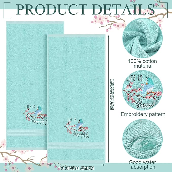 2 Pcs Bird Hand Towels Mint Green Bathroom Decor 14x29 Inch Embroidered 100%