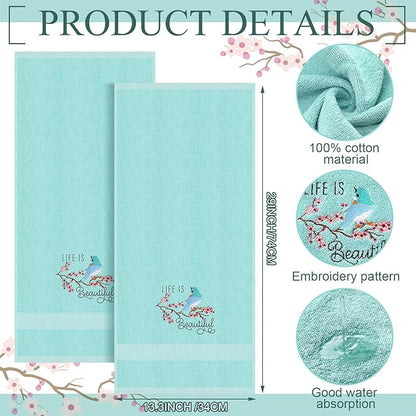 2 Pcs Bird Hand Towels Mint Green Bathroom Decor 14x29 Inch Embroidered 100%