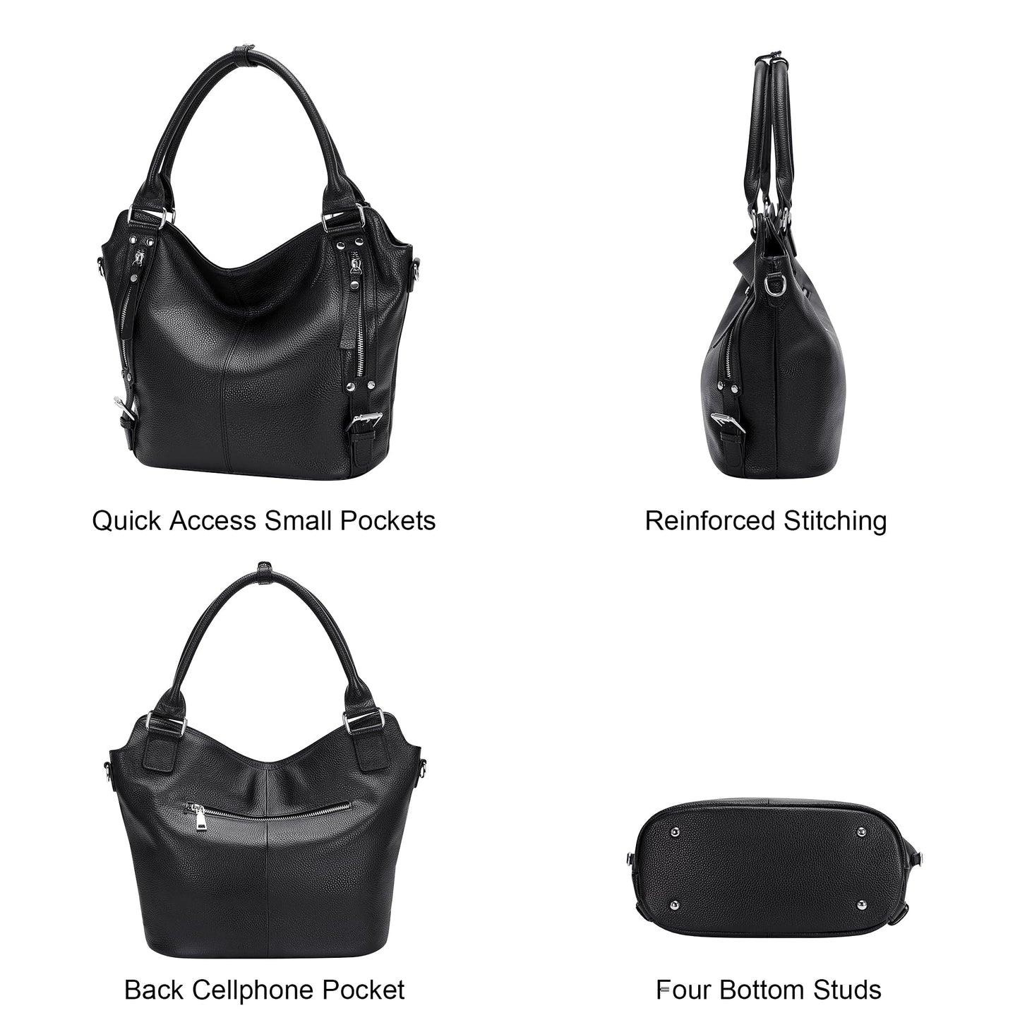 Over Earth Genuine Leather Handbags for Women Hobo Shoulder Bags Ladies Tote Bag(O172E Black)
