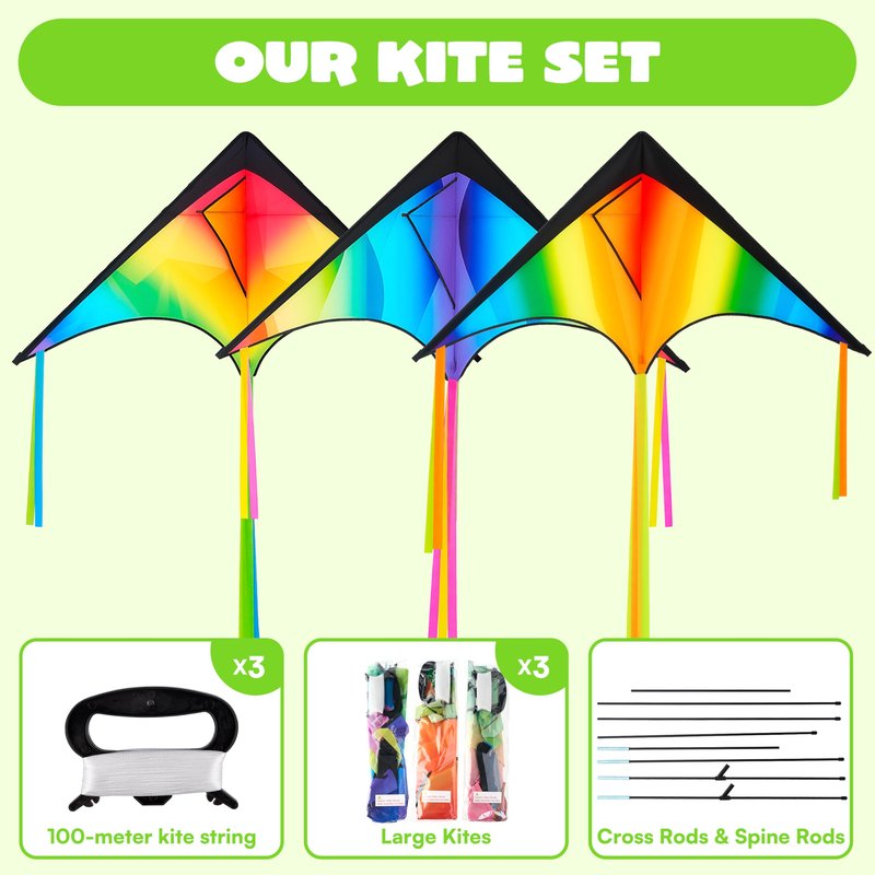 JOYIN 3 Pcs Large Delta Kite Gradient Rainbow, Easy to Fly Huge for Kids and Adults with 328ft String, Large Delta Beach Kite for Outdoor Games and Activities