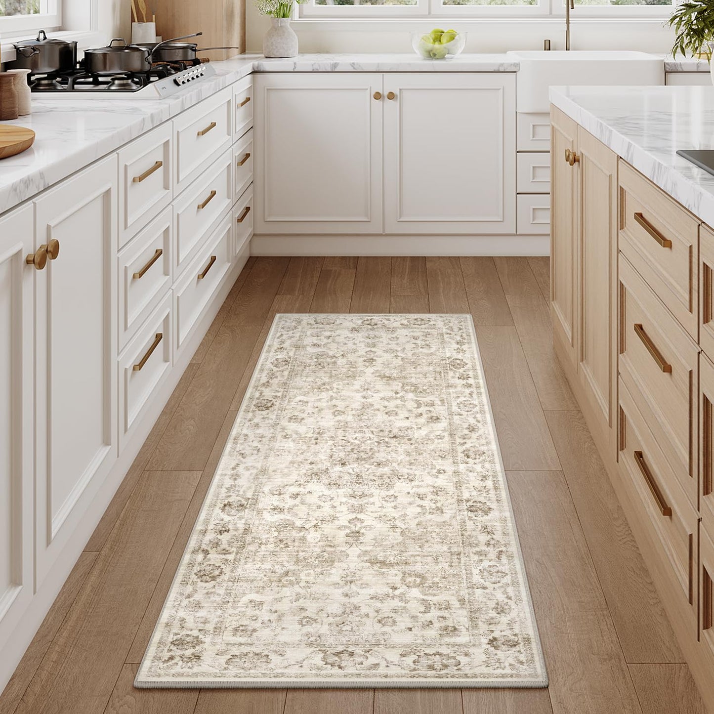WondRg 2x6 Washable Neutral Runner Rug Beige Vintage Hallway Kitchen Carpet Non-Slip Soft Low Pile Farmhouse Throw Rug for Bedroom Bathroom Laundry Living Room