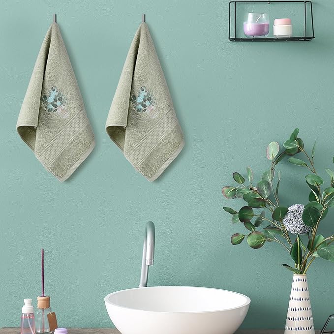 2 Pcs Eucalyptus Hand Towels Gray Green Bathroom Decor 14x29 Inch Embroidered