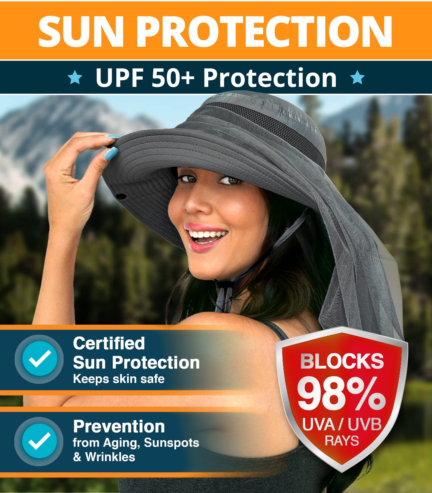 GearTOP Fishing Hat UPF 50+ Wide Brim Sun Hat for Men and Women, Mens Bucket Hats with UV Protection for Hiking Beach Hats (Dark Gray with Mosquito Net)