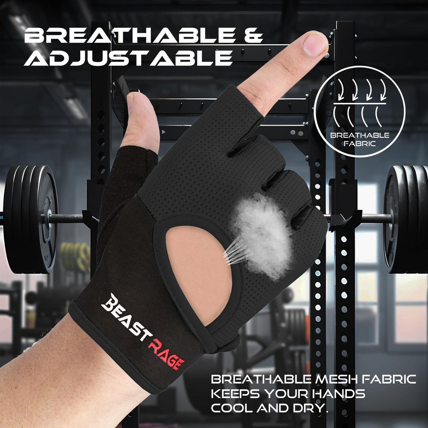 BEAST RAGE Workout Gloves for Men Gym Gloves for Weightlifting Women Fingerless with Palm Protection Padding, Breathable and Lightweight Weight Lifting Glove Cycling Pull Up (Black, S)