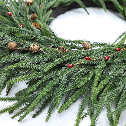 24 Inch Pine Wreath Christmas Wreaths for Front Door, Real Touch Pine Wreath with Red Berries Artificial Green Wreaths for Walls Windows Porches Farmhouse Indoor Outdoor Home Decor