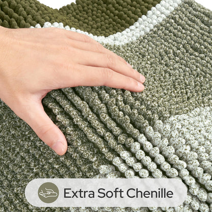 HOMEIDEAS Sage Green Bathroom Rugs, 2 Piece Thick Absorbent Fluffy Striped Chenille Bath Rugs Set, Non Slip, Soft Shaggy Bath Mats for Green Bathroom Decor, 20" x 32" Plus 17" x 24"
