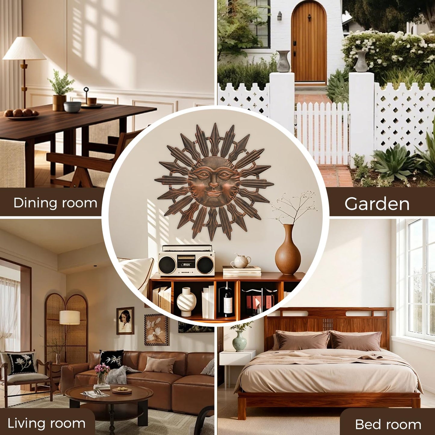 VESTCDF Metal Sun Wall Art Decor Outdoor Metal Wall Art Sun Outdoor,Large Wall Decorations for Garden, Sun Wall Art Metal Sun Face Art(Brown)