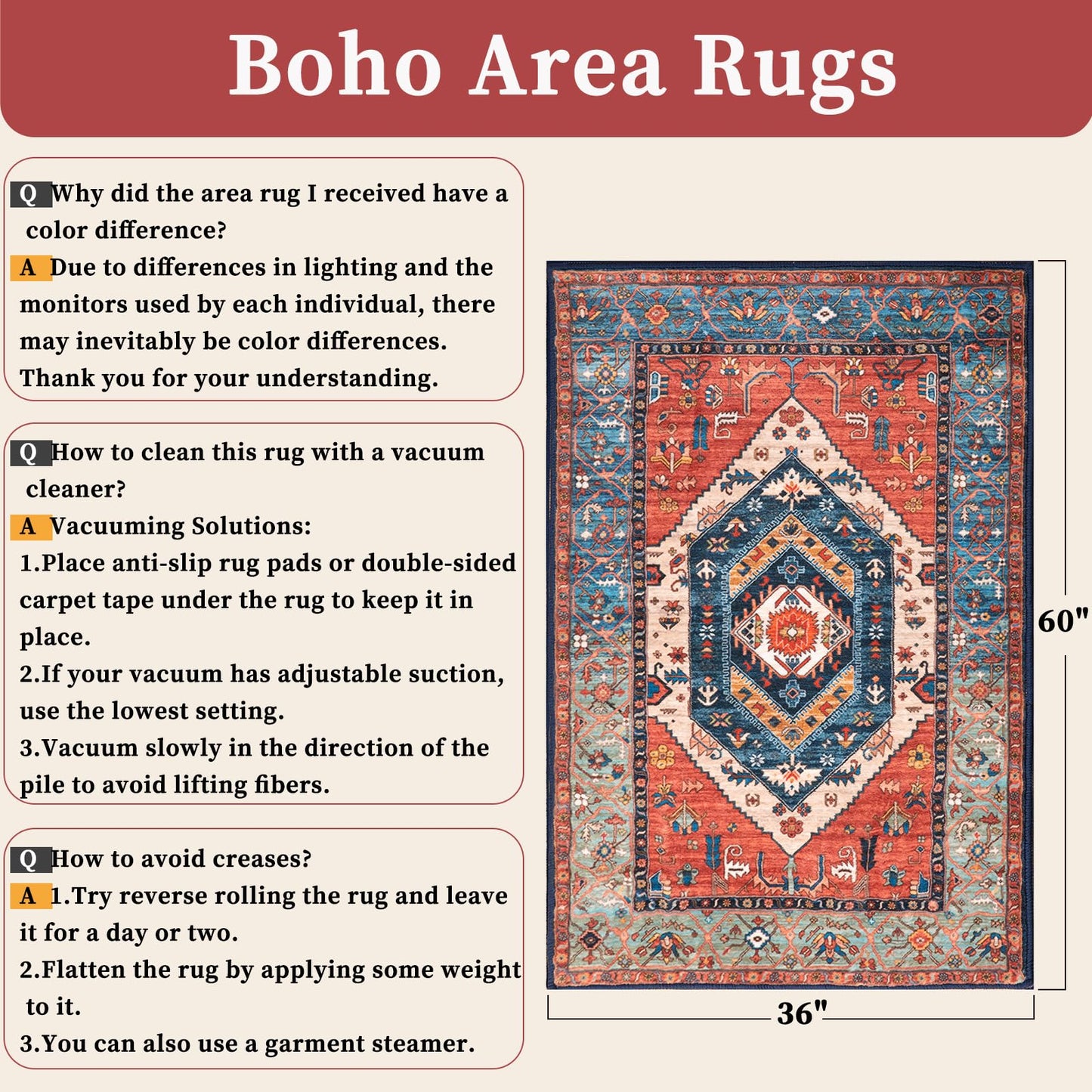 SERISSA Area Rug 3x5 Boho Rugs for Bedroom, Washable Non-Slip Kitchen Rugs, Ultra Soft Print Distressed Tribal Rust Rug Low-Pile Throw Rug Carpet for Entry Bedroom Nursery Living Room Dorm Decor