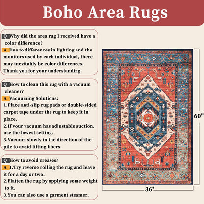 SERISSA Area Rug 3x5 Boho Rugs for Bedroom, Washable Non-Slip Kitchen Rugs, Ultra Soft Print Distressed Tribal Rust Rug Low-Pile Throw Rug Carpet for Entry Bedroom Nursery Living Room Dorm Decor