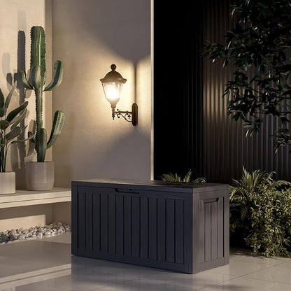 80GAL Black Outdoor Deck Box with Lockable Lid – Waterproof, SGS - Certified UV Resistance, Spacious Storage for Patio Cushions, Pool Accessories & Gardening Supplies, Easy Assembly