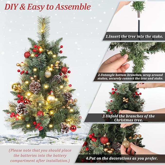 Set of 2 Outdoor Pathway Christmas Trees, 30in Artificial Xmas Tree with 35 LED Lights, 8 Lighting Modes & Timer, Red & Gold Berries, Ball Ornaments, Holiday Décor for Driveway, Porch, Yard