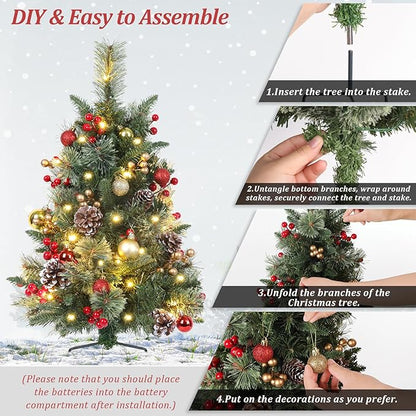 Set of 2 Outdoor Pathway Christmas Trees, 30in Artificial Xmas Tree with 35 LED Lights, 8 Lighting Modes & Timer, Red & Gold Berries, Ball Ornaments, Holiday Décor for Driveway, Porch, Yard