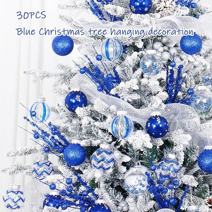 SY Super Bang 30PCS Blue Christmas Ornaments Set, 60MM/2.36" Clear Plastic Shatterproof Ball Ornaments for Christmas Tree Hanging Decorations, for Home Holiday Party Xmas Decor.