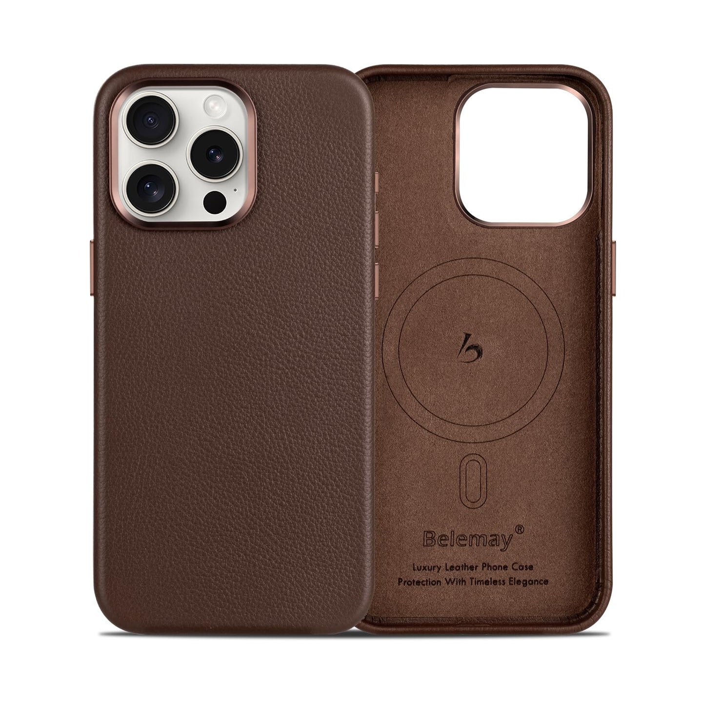 Belemay Compatible with iPhone 15 Pro Max Leather Case, Compatible with MagSafe - Luxury Tumbled Leather - Metal Buttons & Lens Protector - Slim Fit&Durable - Distinctive Texture (6.7-inch) - Brown