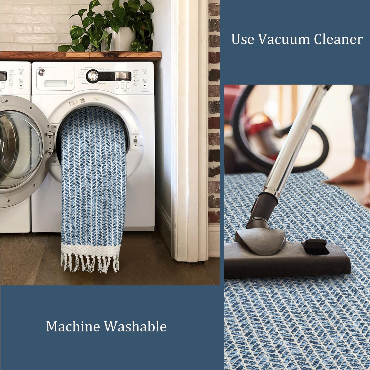 Lahome Belle Boho Bathroom Rugs, Small 2x3 Front Door Bath Mats Lightweight Entryway Rug Woven Cotton Area Rug with Tassels, Farmhouse Blue Throw Rug Washable Low Pile Carpet for Kitchen