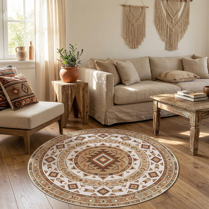 Doteon 3ft Southwestern Round Rug, Geometric Tribal Circle Carpet, Soft Faux Cashmere Non-Slip Rug for Bedroom and Entryway
