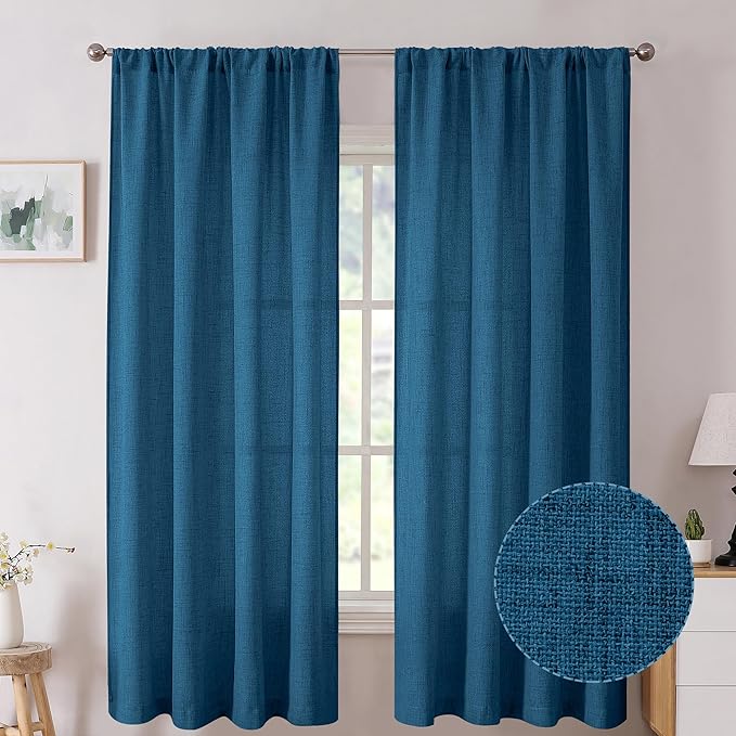 Tollpiz Short Linen Curtains Bedroom Rod Pocket Semi Sheer Curtain Burlap Light Filtering Thick Linen Drapes for Living Room, 38 x 45 inches Long, Classic Blue, Set of 2 Panels