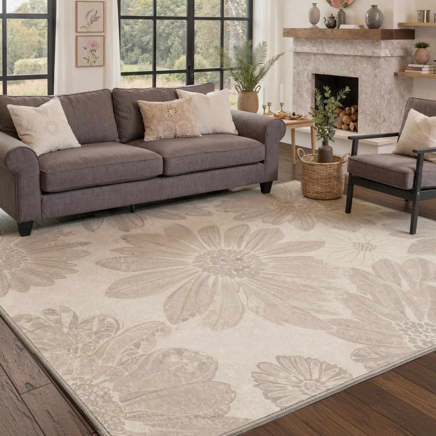 GENIMO 5x7 Area Rugs for Living Room, Machine Washable Non Slip Floral Rug, Low Pile Lightweight Flower Print Rug for Bedroom, Dining Room, Dusty Beige Flower