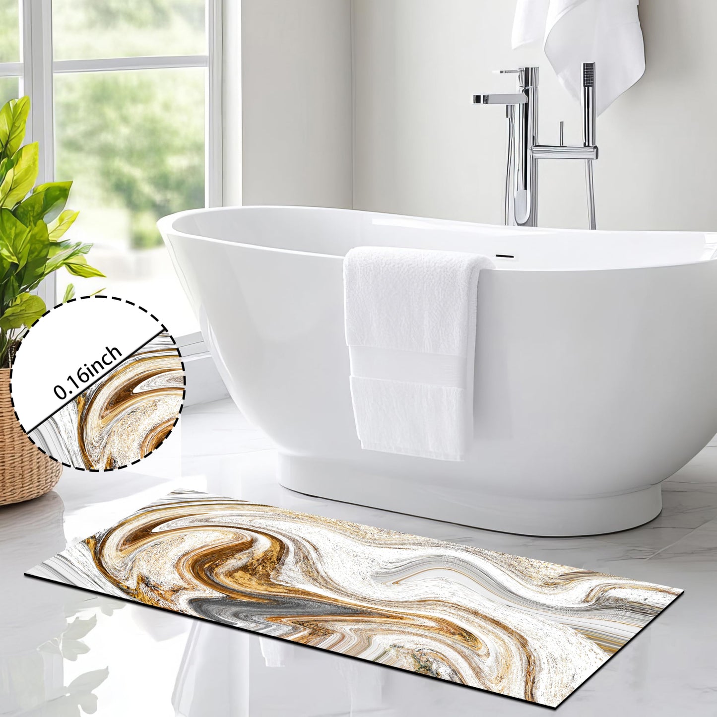 FNLNDO White and Gold Bathroom Rugs Marble Long Runner Rug Bath Mats Gold Bathroom Decor Absorbent Non Slip Shower Mats with Rubber Backing for Home Laundry (17"x 47", White Marble Print)