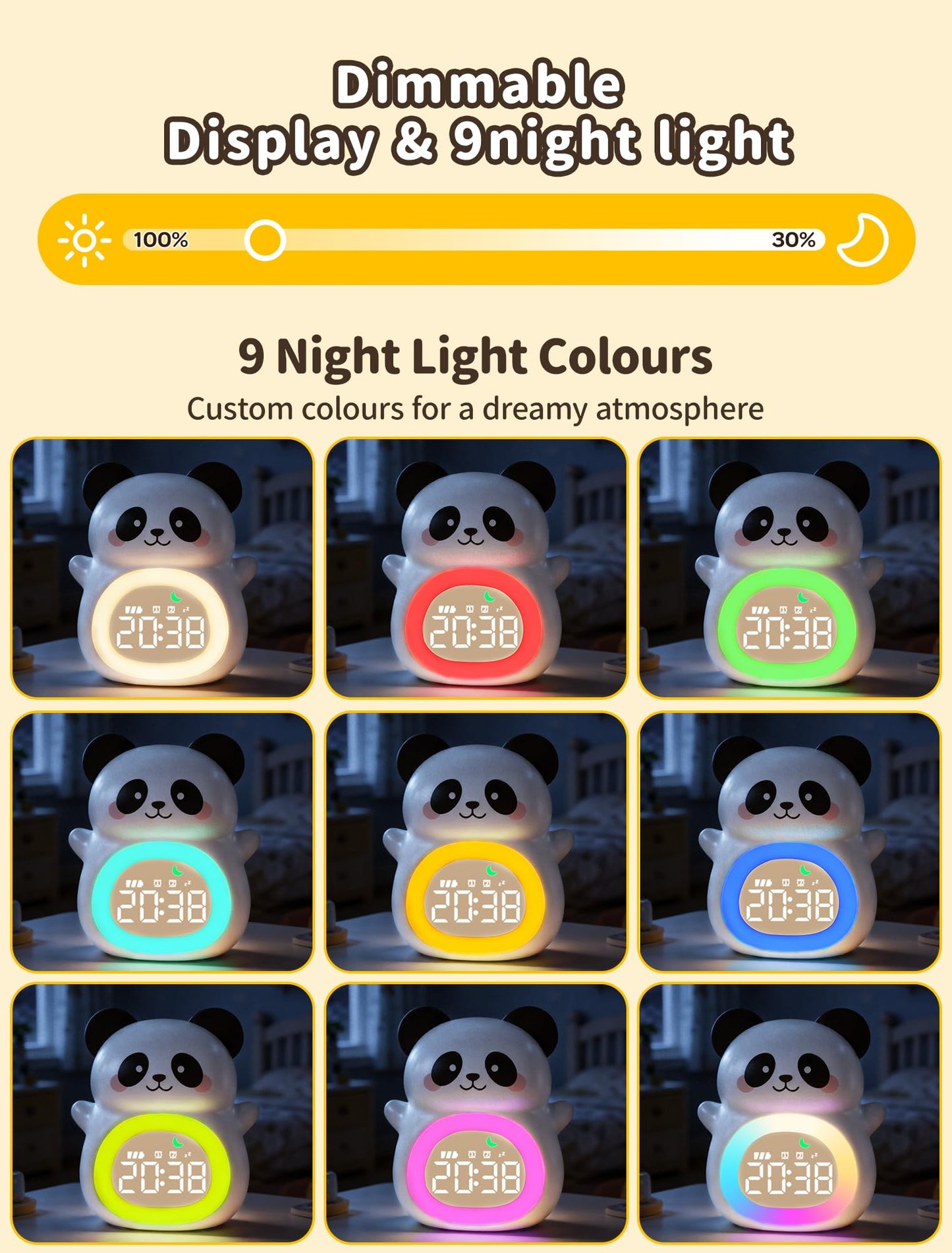 MASHI Panda Kids Alarm Clock, Sun & Moon Sleep Trainer for Toddlers, Cute Animal OK to Wake Clock with 9 Color Night Light, 6 Soothing Sounds, Dual Alarm, for Boys & Girls