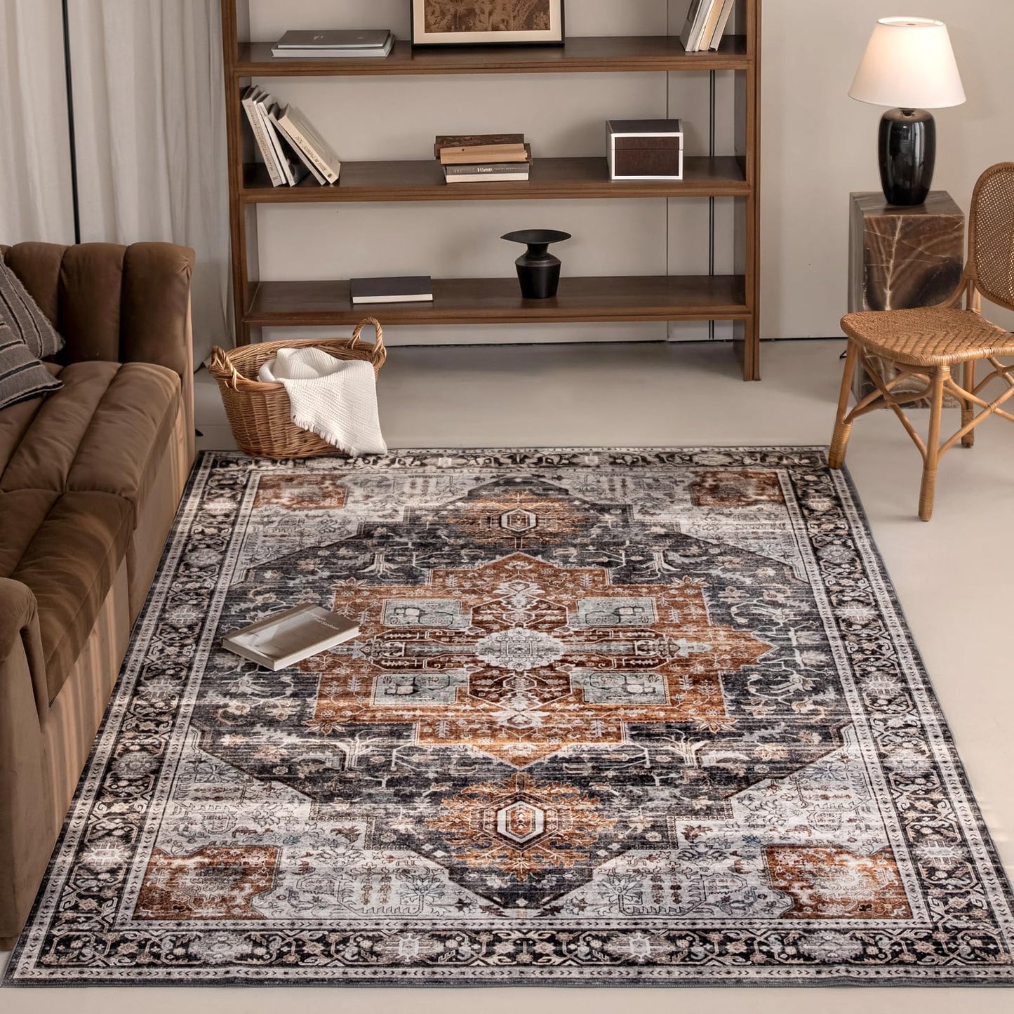 PURE ROMIE 8'x10' Tan/Blue Black Persian Style Medallion Faux Wool Living Room Rug, Non-Slip Washable Extra Large Area Rugs for Dining Room, Bedroom, Low Pile Distressed Print Carpet (Tan/Blue Black)